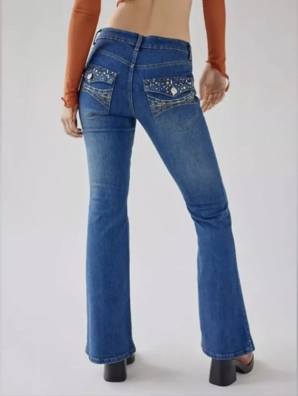 BDG Urban Outfitters Low-Rise Embellished Back Flap Pocket Flare-Leg Jean Y2K